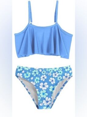 Arshiner Girls Blue Floral Ruffle Two-Piece Swim Set Sz 13-14Y